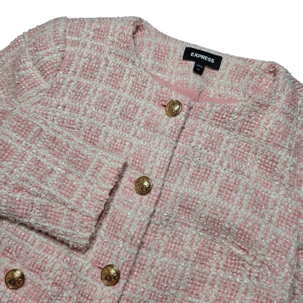 Express Womens Blazer XS Pink Tweed Gold Buttons Cropped Barbiecore Preppy